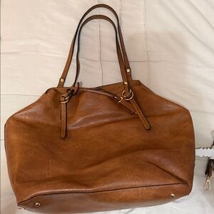 Tan Faux Leather Double-Handle Tote with Ring Accent